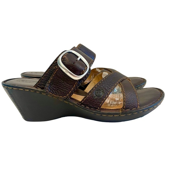 LIKE NEW - BORN Brown Two Strap Leather Wedge Sandals Buckle Detail Size 10 - Picture 6 of 15